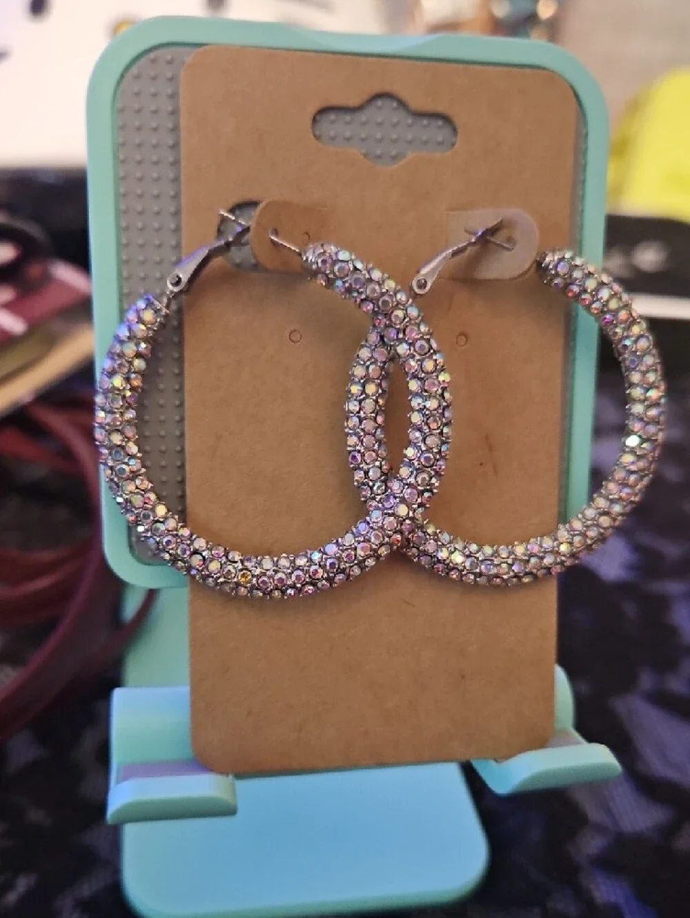 Iridescent Crystal Hoop Earrings in Pink - Sparkle Finish